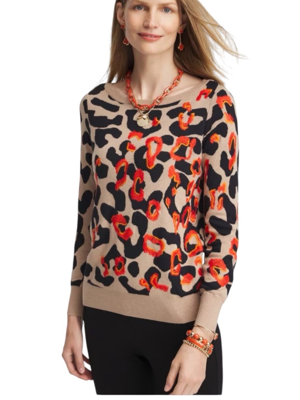 Chico's Embroidered Leopard Jacquard Sweater L NEW Classic Closet Staple